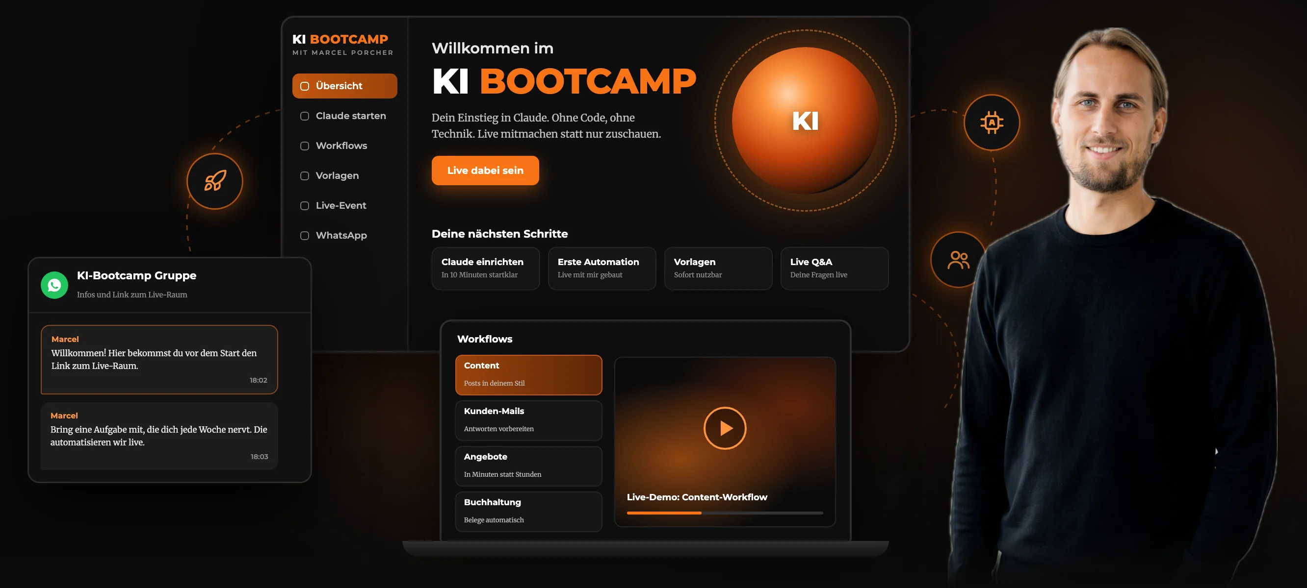 Marcel Porcher neben einer Vorschau des KI-Bootcamps mit Workflows für Content, Kunden-Mails, Angebote und Buchhaltung